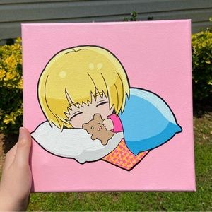 Sleepy chibi blonde anime square canvas painting